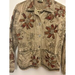 Chicos Design Embroidered Floral Denim Jacket Brown Women's Size 2